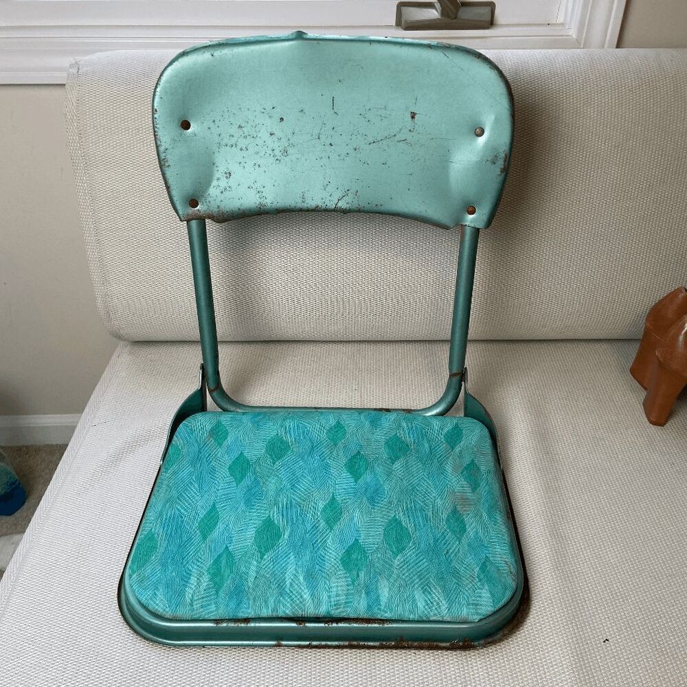 Vintage 1950s Teal Folding Stadium Chair w/ Aqua Mod Print Cushion